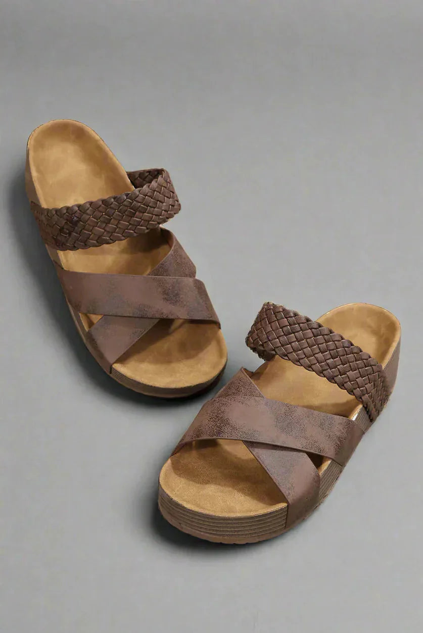 Brown suede crossover strap platform sandal with woven band and wooden footbed