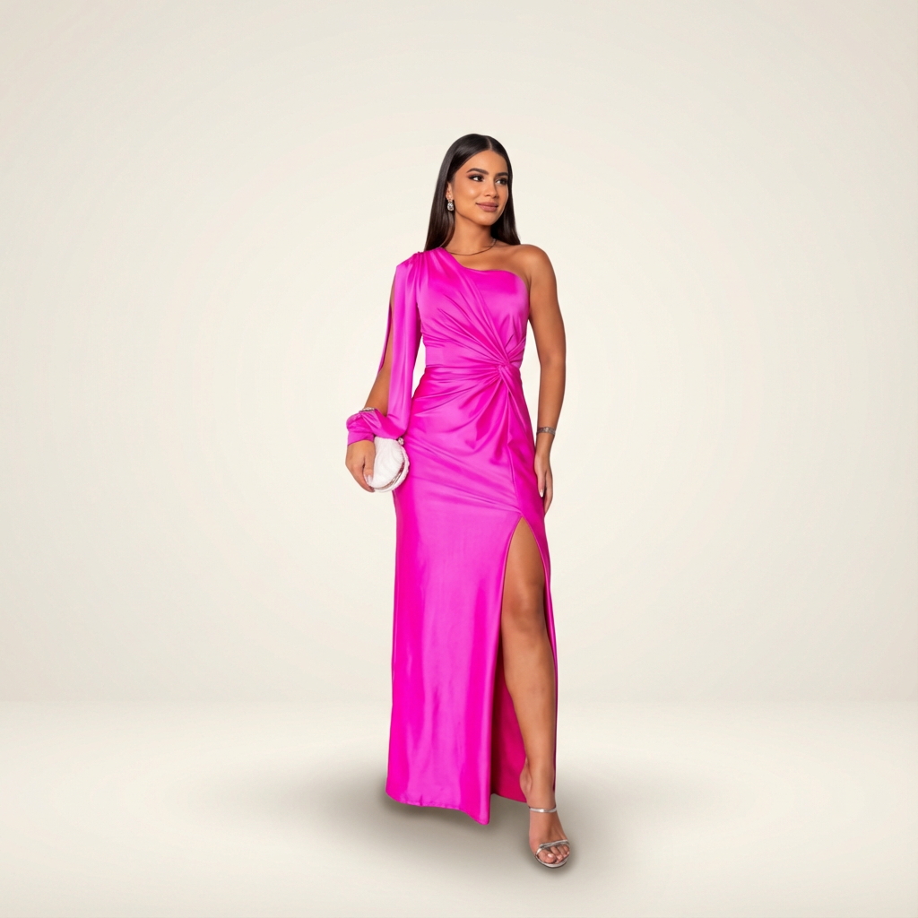 pink one-shoulder maxi dress with draped sleeve and high slit