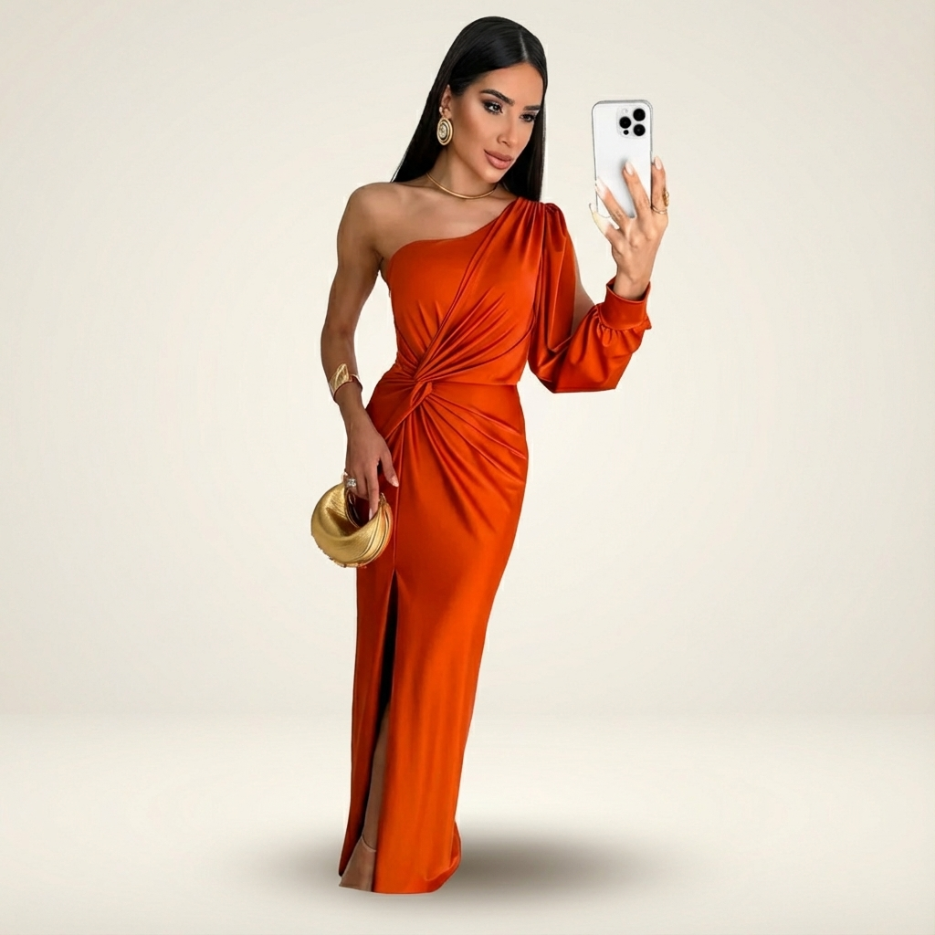 Burnt orange one-shoulder maxi dress with ruched details and slit