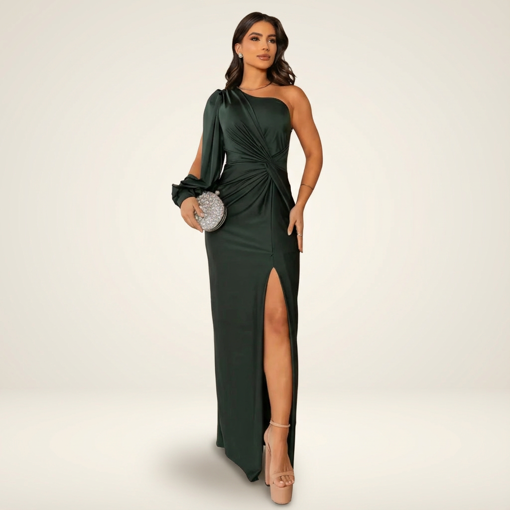 Dark forest green one-shoulder maxi dress with draped sleeve detail