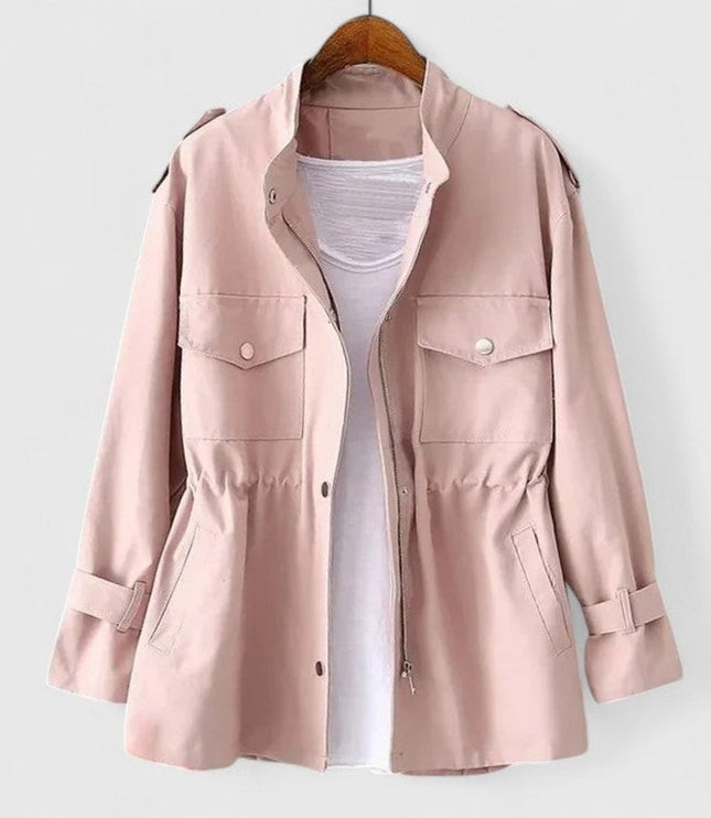 Women's Drawstring Waist Utility Jacket, Zip Up Snap Pocket