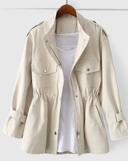 Women's Drawstring Waist Utility Jacket, Zip Up Snap Pocket