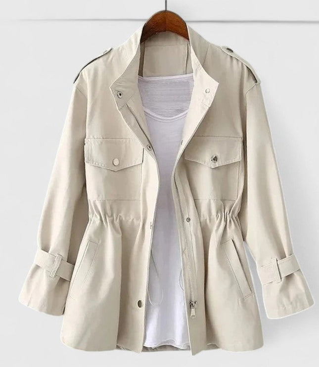 Women's Drawstring Waist Utility Jacket, Zip Up Snap Pocket