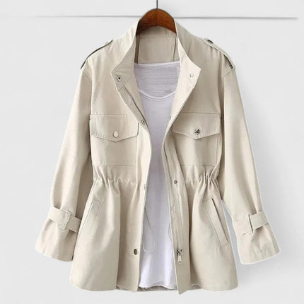Women's Drawstring Waist Utility Jacket, Zip Up Snap Pocket
