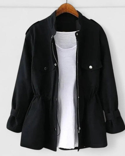 Women's Drawstring Waist Utility Jacket, Zip Up Snap Pocket