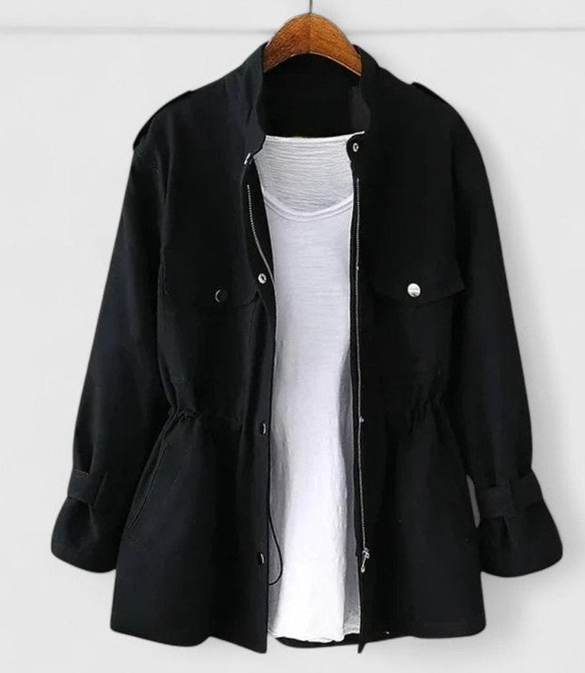 Women's Drawstring Waist Utility Jacket, Zip Up Snap Pocket
