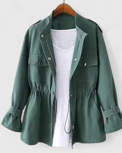 Women's Drawstring Waist Utility Jacket, Zip Up Snap Pocket