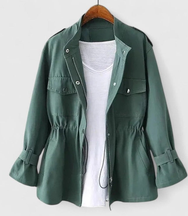 Women's Drawstring Waist Utility Jacket, Zip Up Snap Pocket