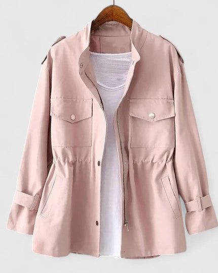 Women's Drawstring Waist Utility Jacket, Zip Up Snap Pocket