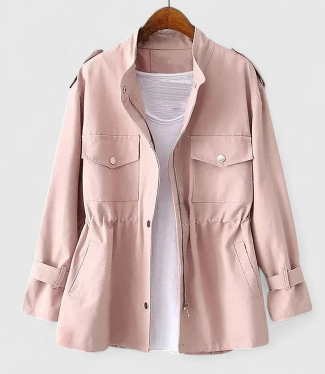 Women's Drawstring Waist Utility Jacket, Zip Up Snap Pocket