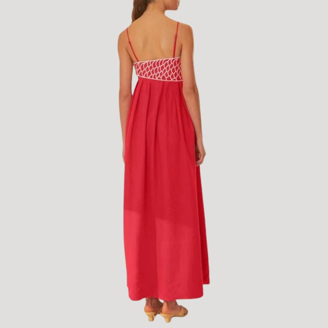 Back view of red embroidered cami maxi dress full length