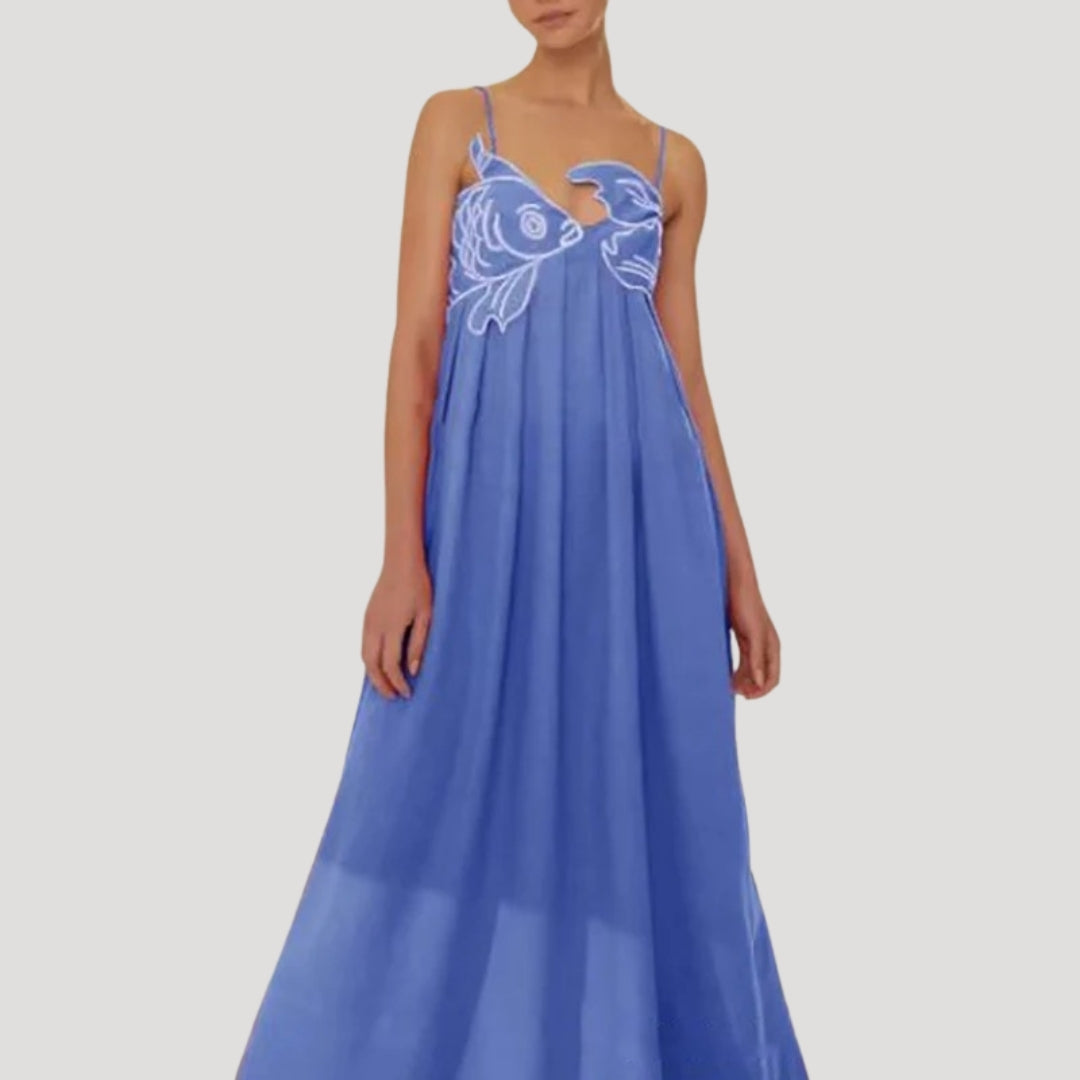 Periwinkle blue embroidered fish cami maxi dress on model