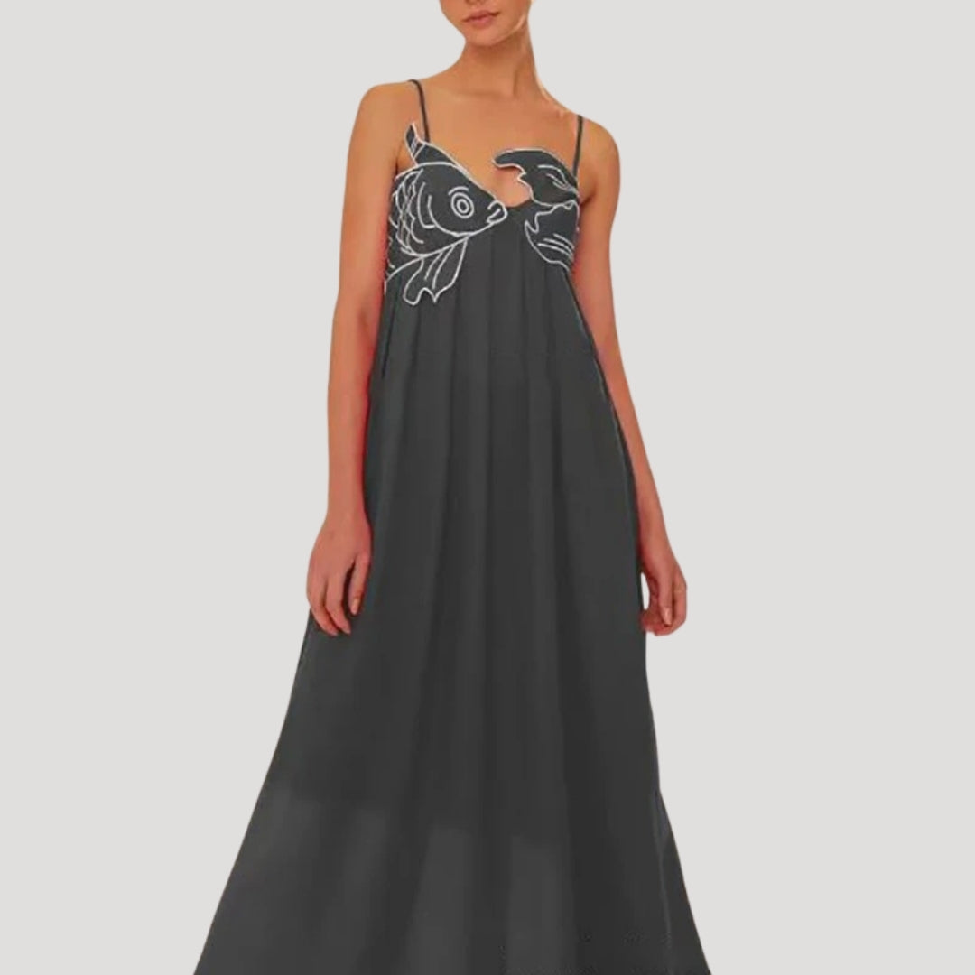 Black embroidered fish cami maxi dress flowing silhouette