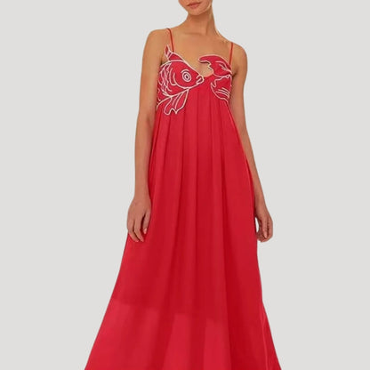 Red embroidered fish cami maxi dress front view on model