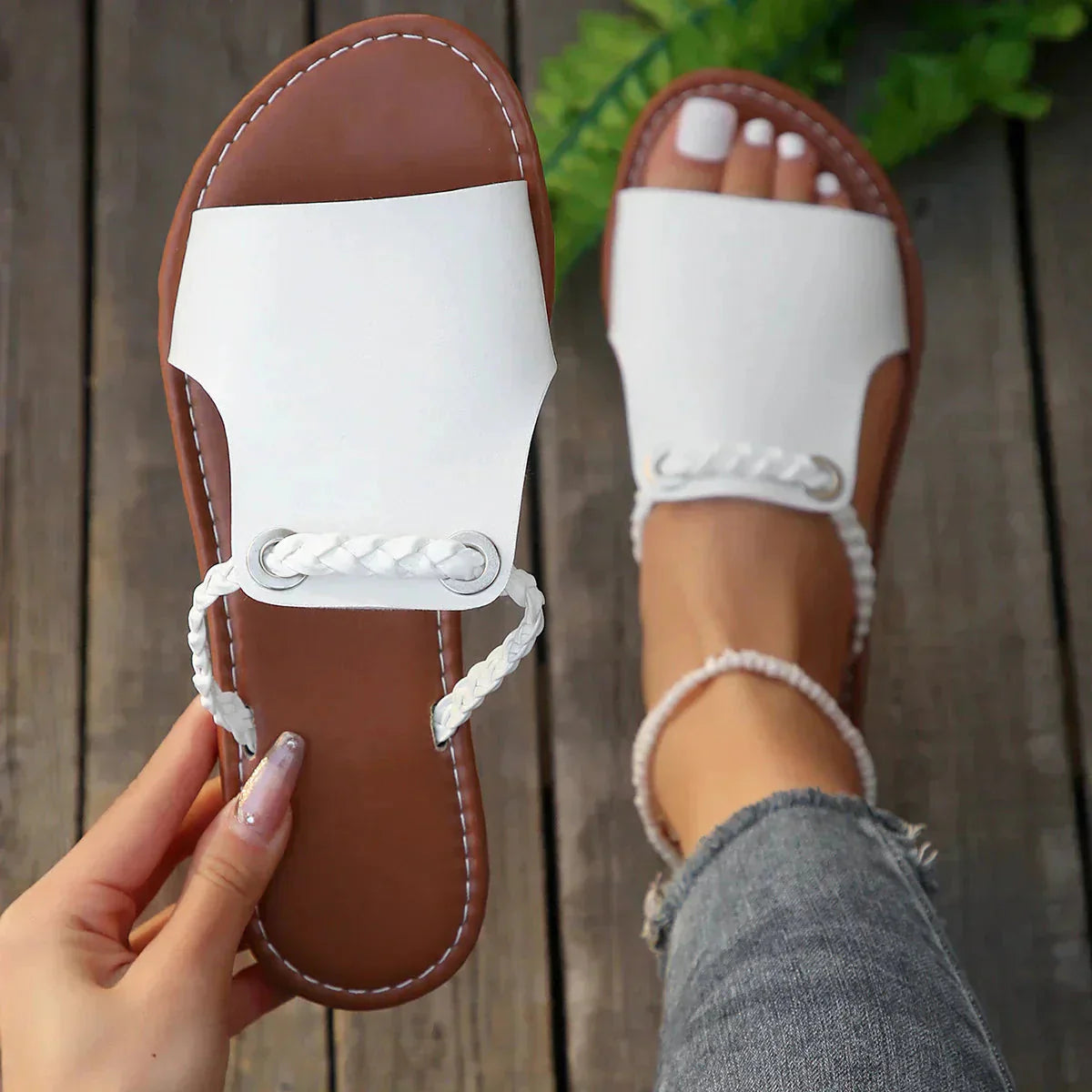 Tan and white color-block leather slide with white braided strap