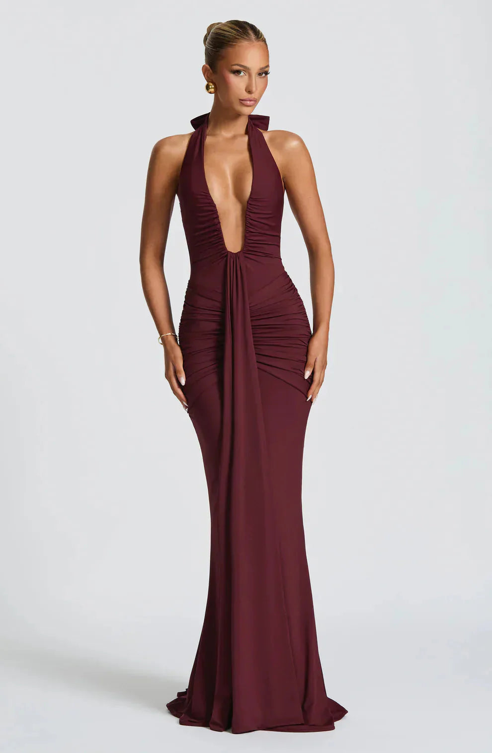 Burgundy halter v-neck ruched maxi dress full length view