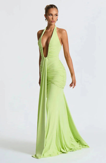 Lime green halter plunge v-neck ruched maxi dress with flowing train