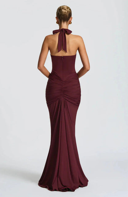 Burgundy halter maxi dress back view with tied neck closure