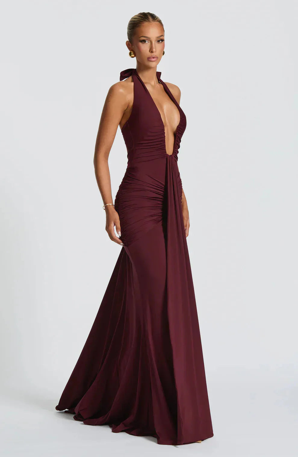 Burgundy halter ruched maxi dress with deep plunge neckline