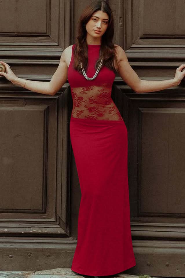 Red sleeveless maxi dress with lace cutout at waist, front view