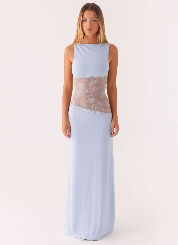 Light blue sleeveless maxi dress with lace cutout at waist, front view