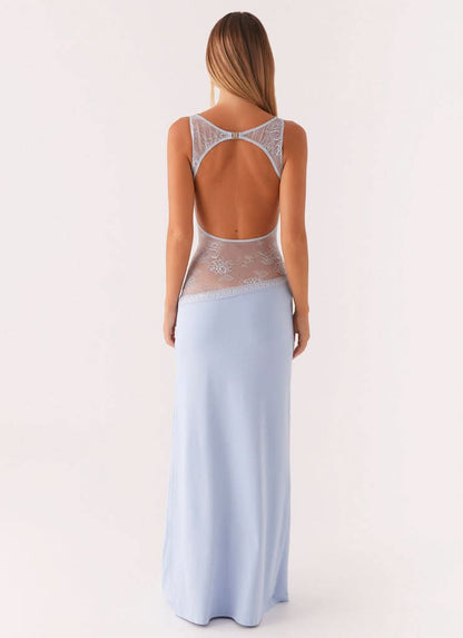 Light blue maxi dress with open back and lace cutout, rear view