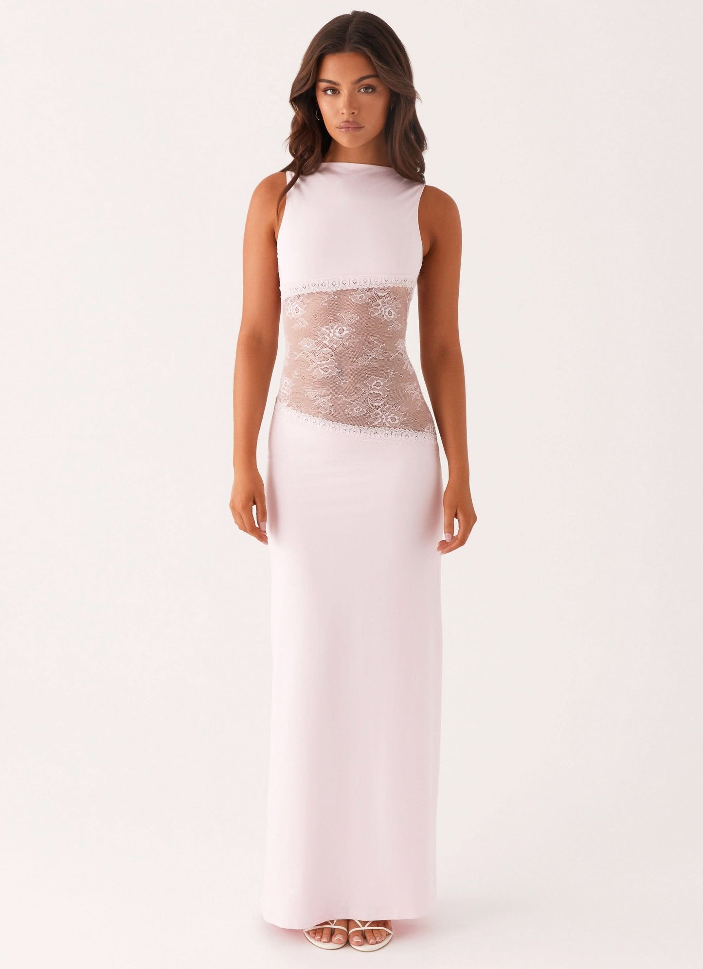 Pale pink sleeveless maxi dress with lace waist cutout, front view