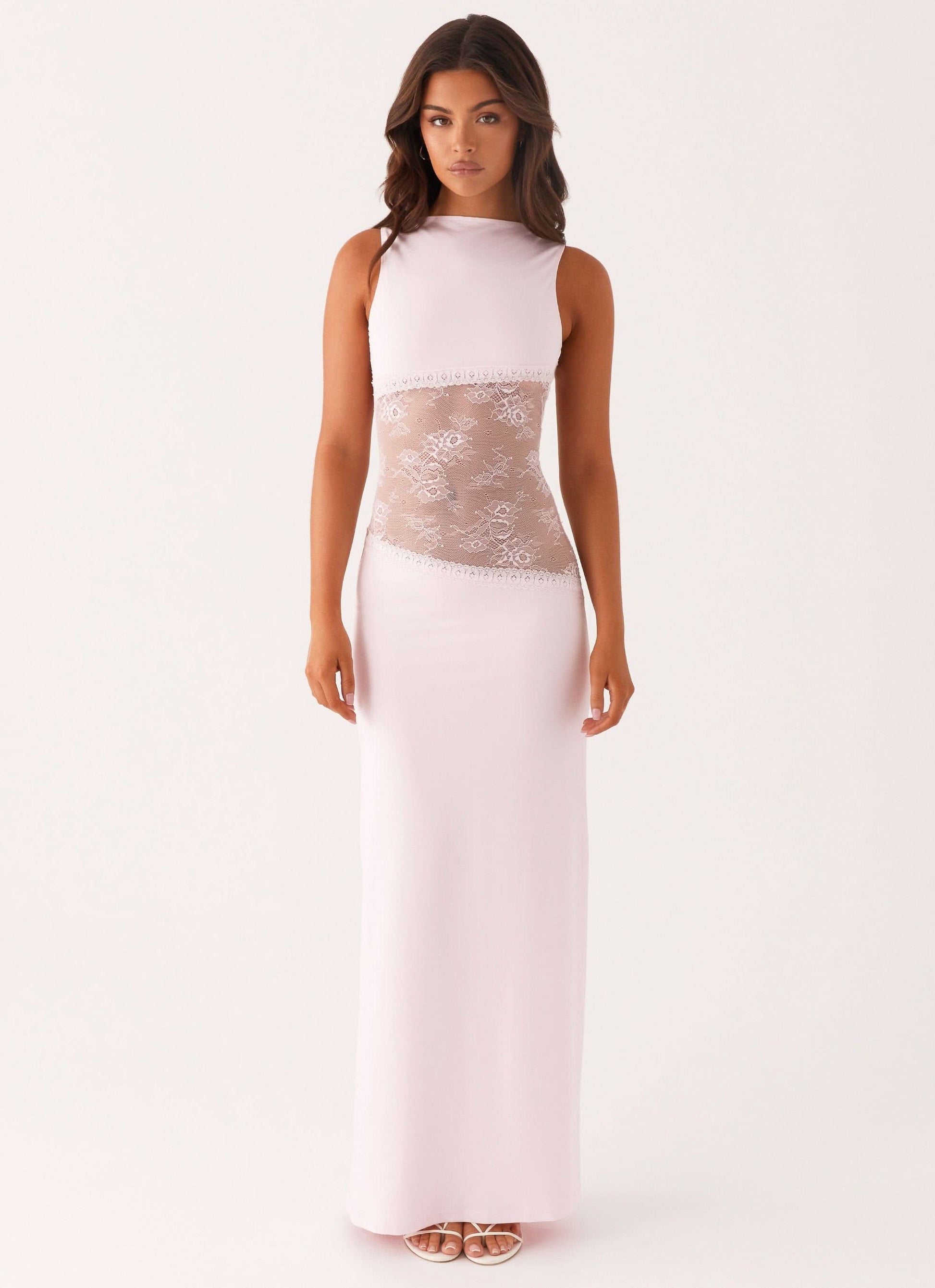 Pale pink sleeveless maxi dress with lace waist cutout, front view