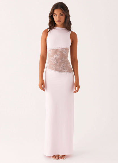 Pale pink sleeveless maxi dress with lace waist cutout, front view