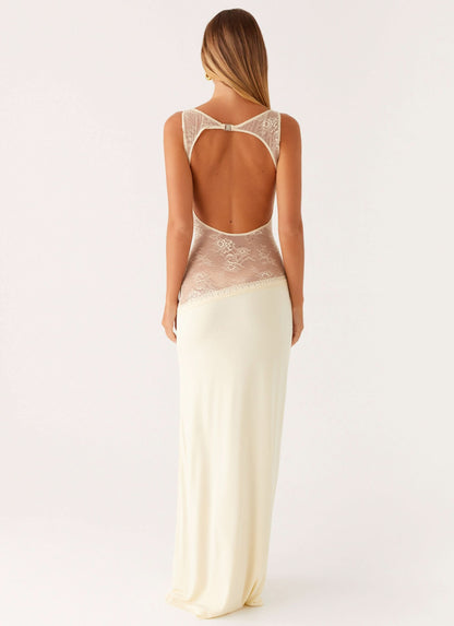 Cream maxi dress with open back and lace cutout, rear view