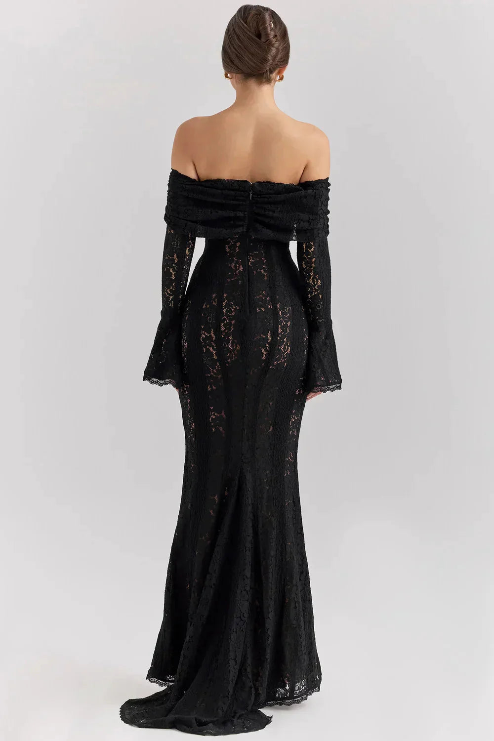 Back view of black lace off-shoulder maxi dress with long sleeves