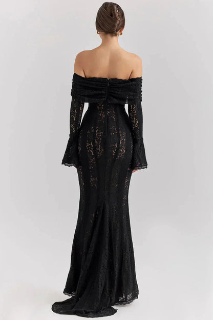 Back view of black lace off-shoulder maxi dress with long sleeves