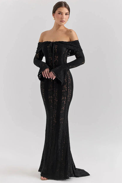 Black off-shoulder lace maxi dress with long fitted sleeves and train