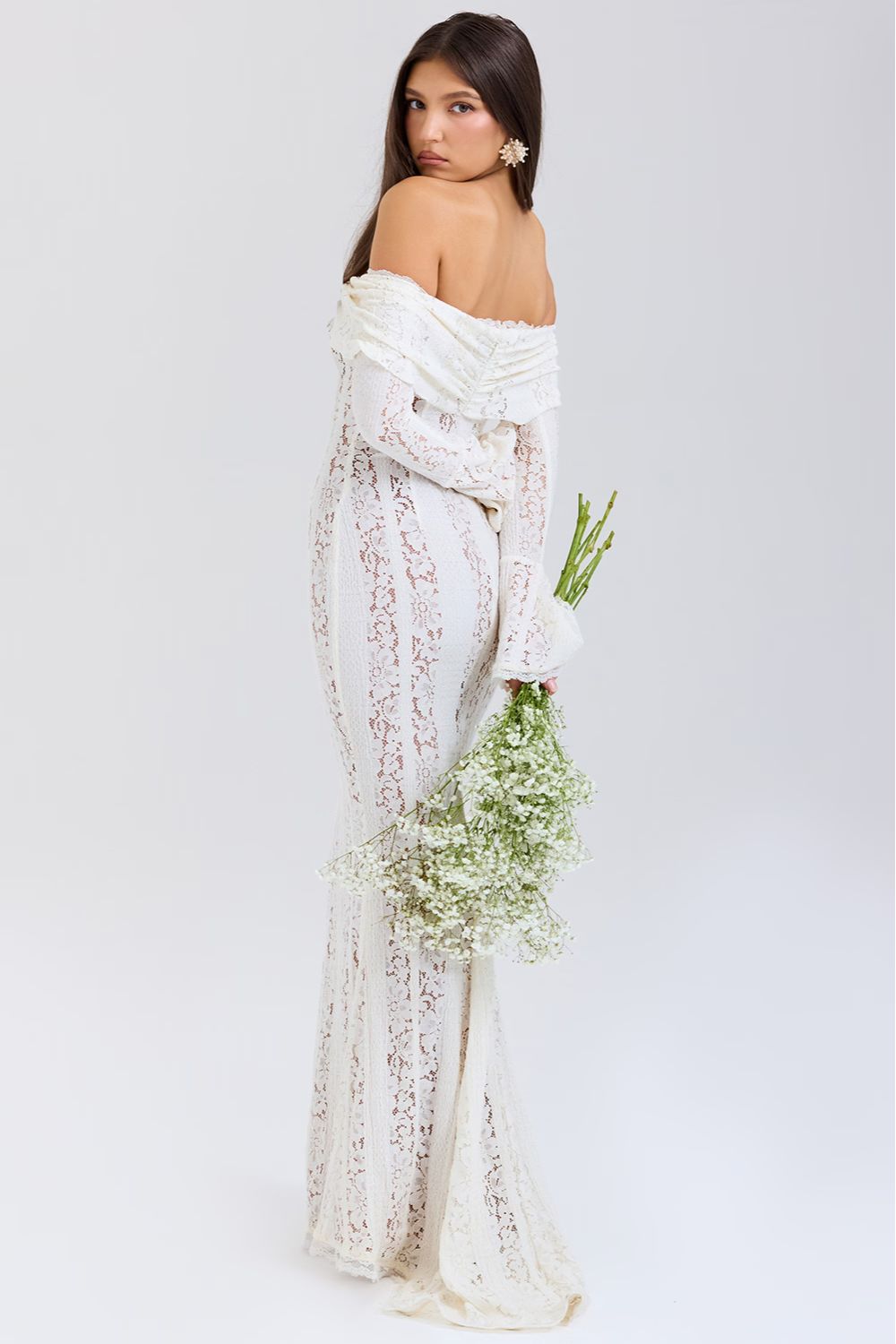 Ivory lace off-shoulder maxi dress with long sleeves and wrapped neckline