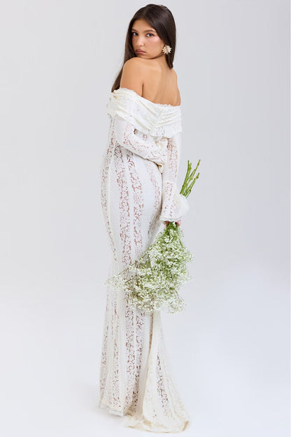 Ivory lace off-shoulder maxi dress with long sleeves and wrapped neckline