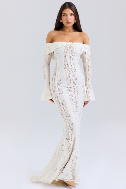 Cream lace off-shoulder maxi dress with bell sleeves and fitted bodice
