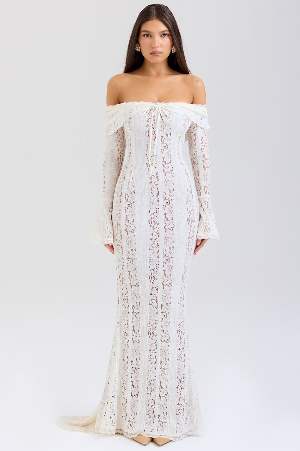 Ivory lace off-shoulder maxi dress with bell sleeves and sheer lace overlay