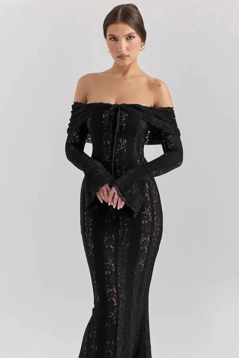 Black lace off-shoulder maxi dress with long sleeves and front tie detail