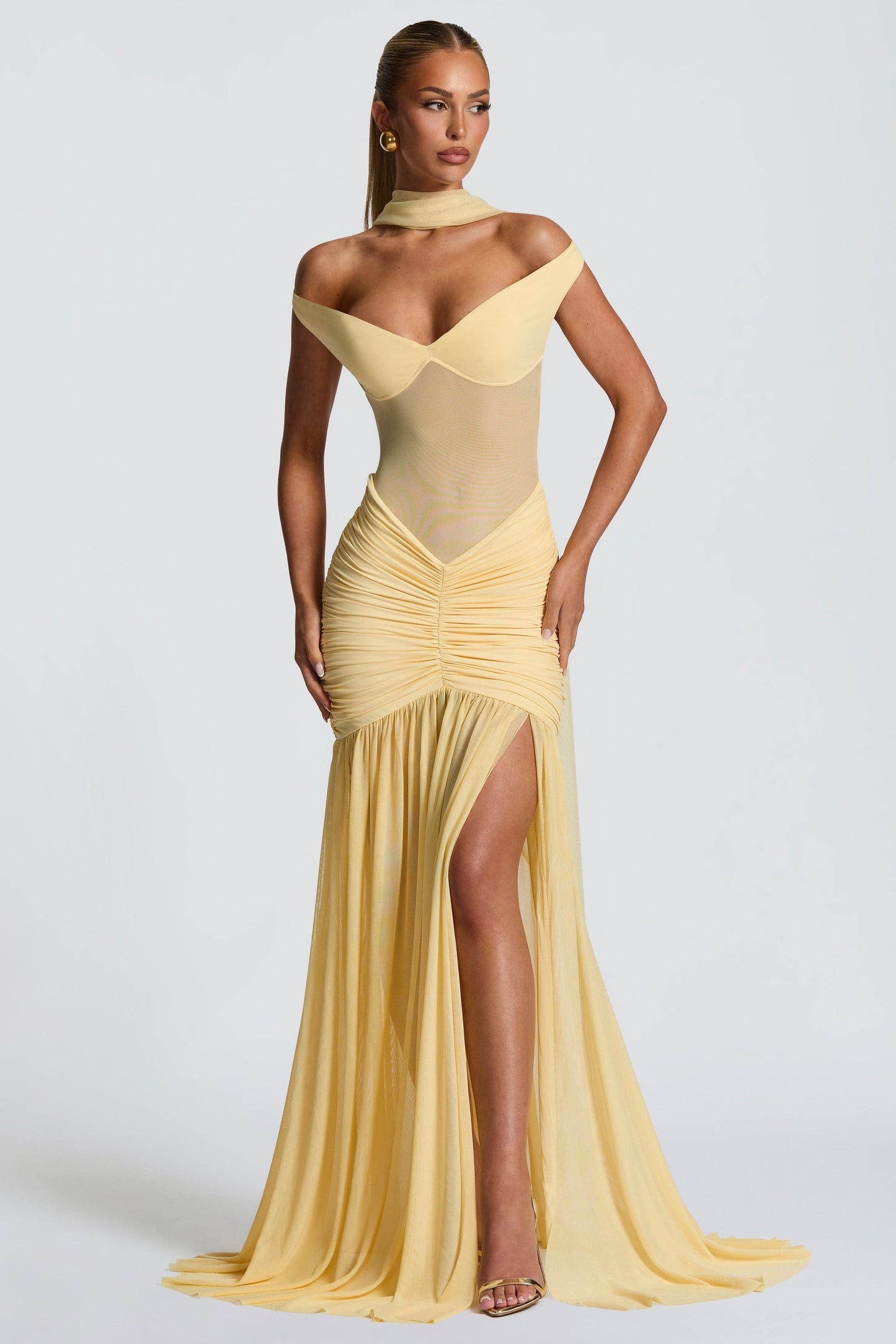 Cream off-shoulder ruched maxi dress full length view