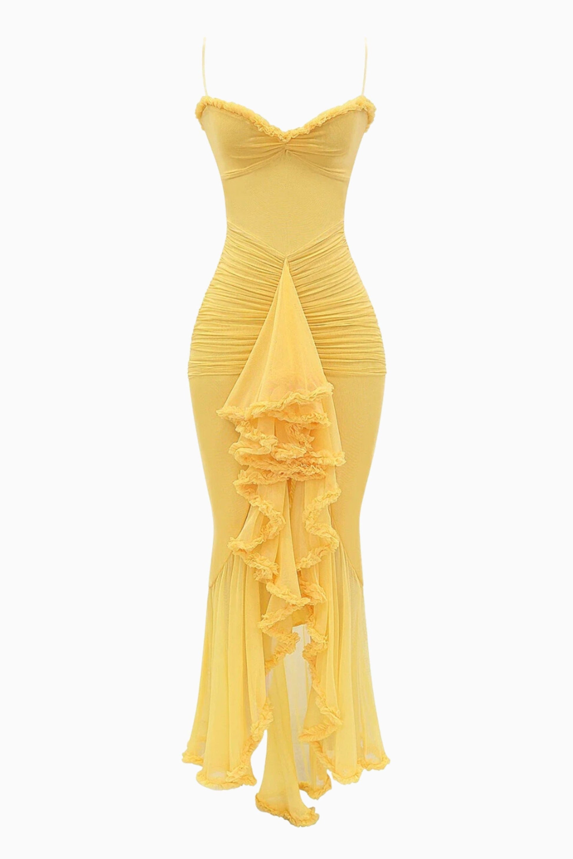 Front flat lay of yellow ruffled maxi dress showing full silhouette