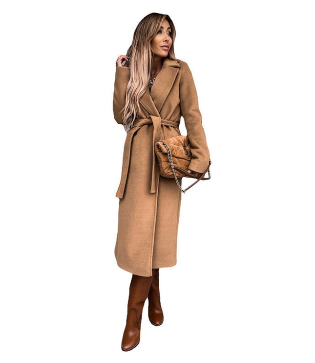 Women's Fall Trench Coat in Midi Length, Long Lapel Collar