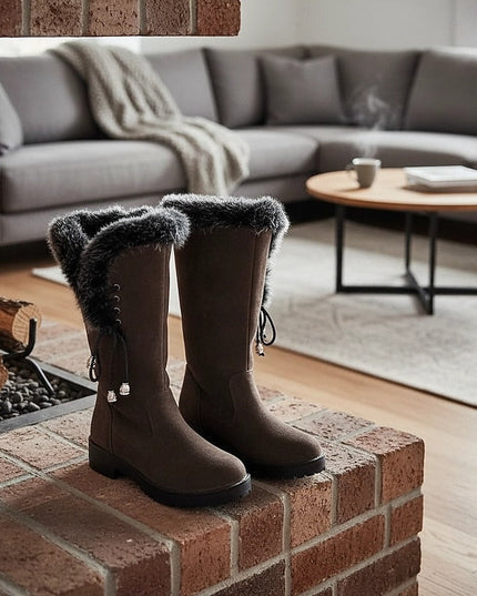 Women's Faux Fur Knee High Winter Boots, Lug Sole Block Heel