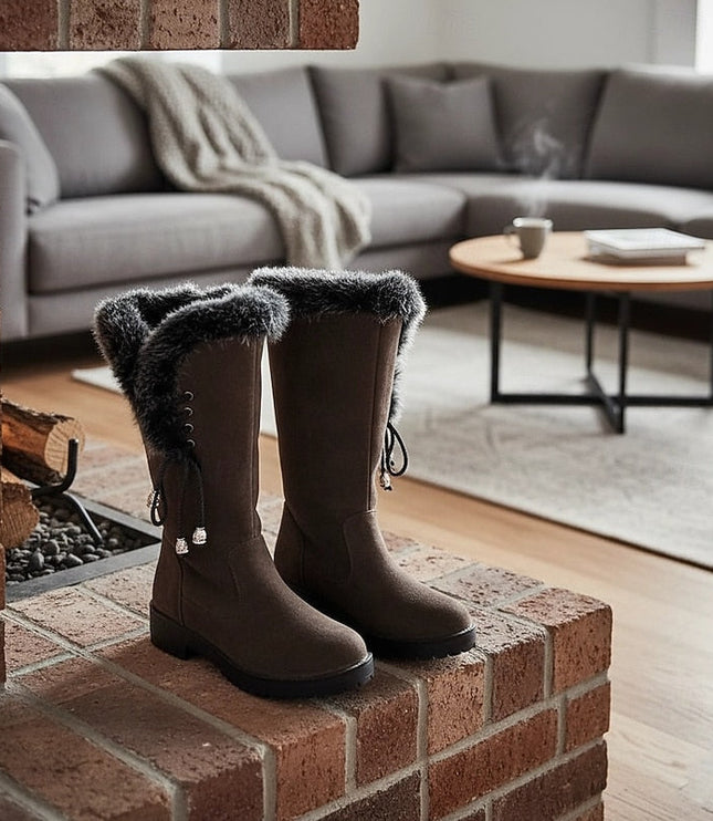 Women's Faux Fur Knee High Winter Boots, Lug Sole Block Heel