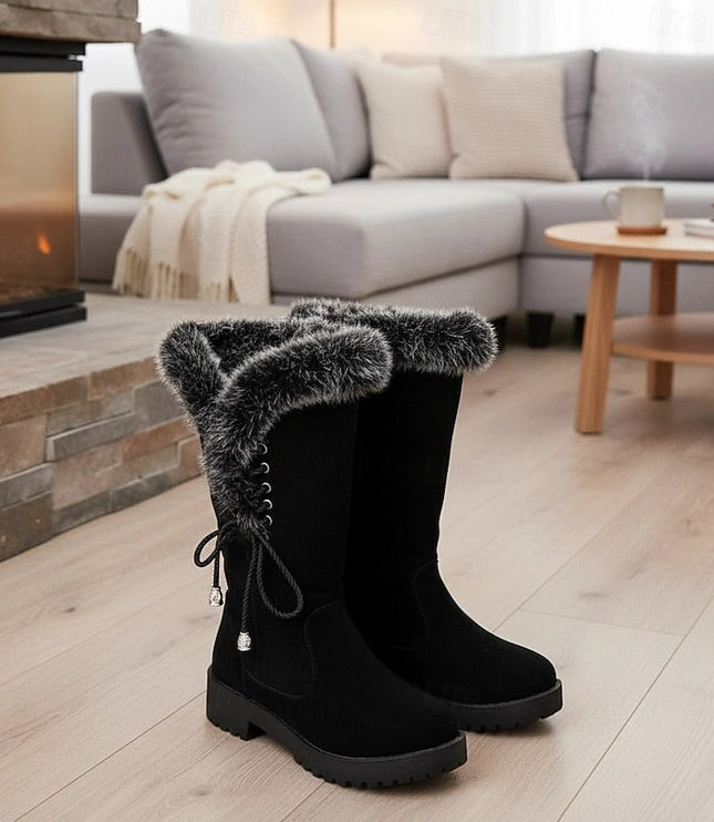 Women's Faux Fur Knee High Winter Boots, Lug Sole Block Heel
