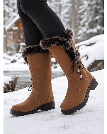 Women's Faux Fur Knee High Winter Boots, Lug Sole Block Heel