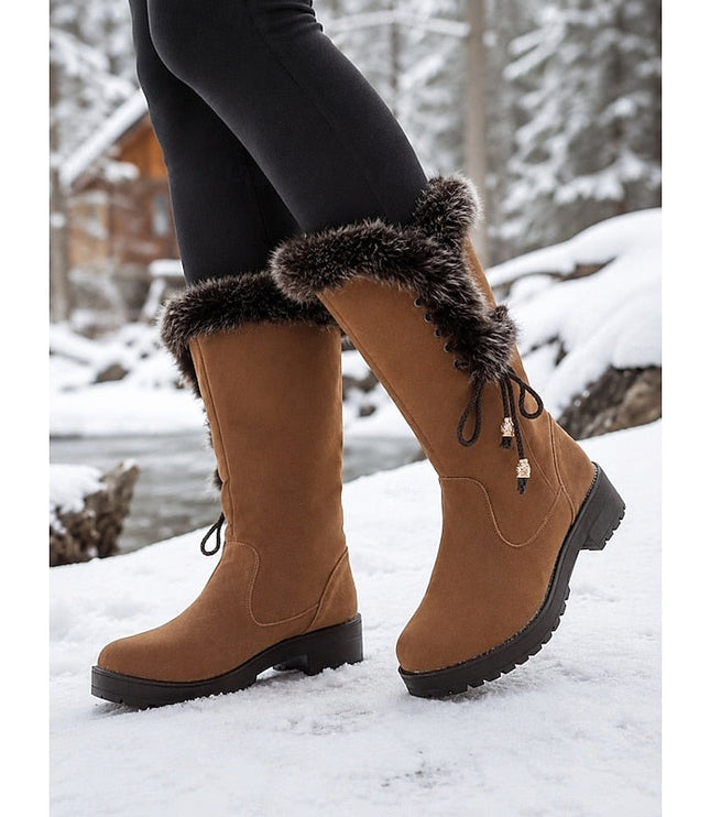 Women's Faux Fur Knee High Winter Boots, Lug Sole Block Heel