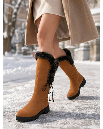 Women's Faux Fur Knee High Winter Boots, Lug Sole Block Heel