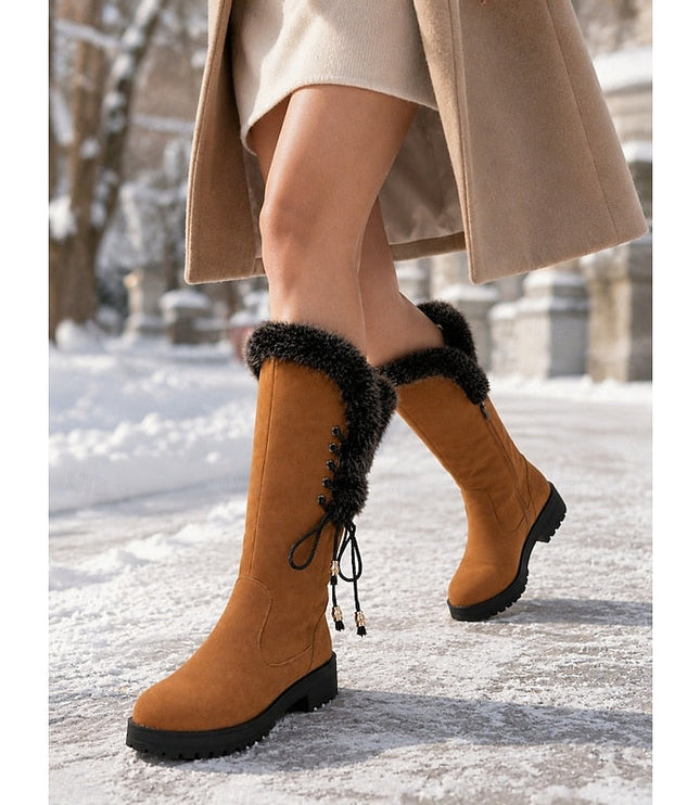 Women's Faux Fur Knee High Winter Boots, Lug Sole Block Heel