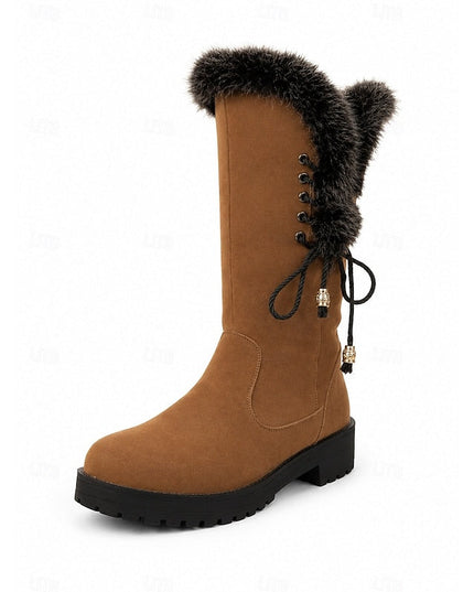 Women's Faux Fur Knee High Winter Boots, Lug Sole Block Heel
