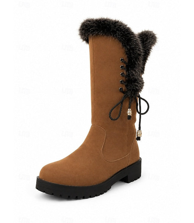 Women's Faux Fur Knee High Winter Boots, Lug Sole Block Heel